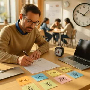 A sunlit editorial photograph of a teacher drafting a 45-minute lesson at a modern classroom table: hand writing on a printed lesson-plan form beside an open laptop, colored sticky notes and index cards arranged into a timed sequence, a small analog timer and a wall clock both marking a 45-minute interval. Subtle iconography on cards — ladder for scaffolding, a growing plant for development, a heart for motivation, a group for social learning and a brain for memory — complements a blurred background of diverse students working in pairs and a whiteboard with a non-text flowchart. Warm natural light, shallow depth of field and crisp realistic textures give the image a tactile, focused editorial feel.