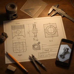 Warm, studio‑quality overhead 30° photograph of a mechanic's workbench focused on a crisp technical drawing: neatly aligned orthographic views (Front, Top, Right) with projection lines, thick visible edges and short‑dashed hidden lines, a labeled cutting‑plane A–A with arrowheads and a matching sectional view to the right rendered with clean 45° hatching, removed hidden lines, centerlines and dimension marks. A clearly visible title block shows the third‑angle projection symbol; surrounding teaching aids — worn piston mock‑up, small brake‑caliper model, vernier caliper, set square, compass, HB pencil, eraser, tracing paper overlay and smartphone photo reference — sit under warm workshop lamp lighting, realistic paper, metal and wood textures, crisp line weights and a slight depth of field for a precise, tactile study of engineering drafting.