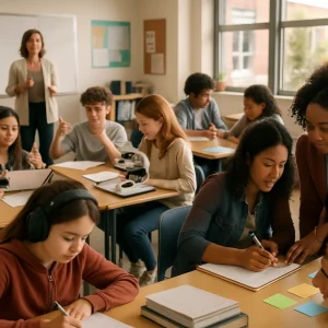 Photorealistic editorial image of a modern, diverse classroom bathed in warm window light, showing multiple learning zones in a single lesson: a teacher briefly addressing students at the front, a nearby small group doing a quick diagnostic with thumbs up/down and mini whiteboards, a hands-on station where students use microscopes and record data on clipboards, a pair of students peer-teaching while arranging concept-mapping sticky notes, a reflection corner with a student completing an exit-ticket as a teacher leans in to correct a misconception, and a quiet accommodations table where a student works with noise-cancelling headphones and extra-time materials; candid engaged expressions, shallow depth of field, high-detail photorealism.