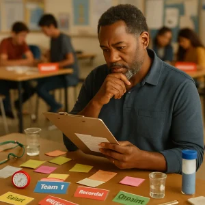 A candid, photorealistic portrait of a middle-school science teacher in a quiet, reflective moment after a 50-minute hands-on lesson. The teacher stands at a cluttered table—clipboard and rubrics in hand (no readable text), scattered station cards, sticky notes, illegible exit slips, safety goggles, beakers, a thermometer, small timers and insulated samples—while three student groups work in soft focus behind them. Warm natural light and shallow depth of field highlight the quiet mix of fatigue and satisfaction that follows active learning.