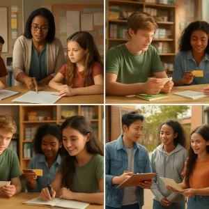 Photorealistic wide panoramic montage that reads left to right as a two‑week classroom sequence: Day 1 small‑group diagnostic assessment with a teacher observing, teacher modeling a step‑by‑step skill at a demo table, students practicing independently and in peer‑teaching pairs using low‑tech materials (notebooks, flashcards, simple props), a small group engaged in an authentic transfer activity outdoors or in a simulated workspace, and a Day 10 summative moment with students presenting projects and reflecting with portfolios. Diverse students and teacher, warm natural light and realistic classroom details, visible checklists and sticky notes with no legible text; subtle visual progression conveyed through composition and lighting, rendered in high‑resolution photorealism.