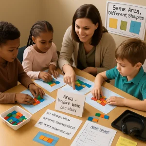 Overhead three-quarter editorial photograph of a teacher kneeling beside a diverse group of elementary students arranging colored square tiles on blue grid paper to build rectangles; a propped formula card reads "Area = length × width (A = l × w)", a laminated checklist shows "1) Measure sides 2) Count tiles or multiply 3) Write answer and unit", and a completed 2×5 tile rectangle and a poster labeled "Same Area, Different Shapes" anchor the tidy, sunlit workspace — supports include a small tray of manipulatives, a color-by-area sheet, a tablet with headphones, a scribe notebook and an exit-ticket sticky note reading "One sentence: how do you find area?"; shallow depth of field and photorealistic textures keep all key text elements readable while conveying a warm, instructional atmosphere suitable for an article illustration.