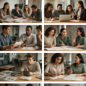 Photorealistic triptych of three stacked horizontal panels, each panel showing four left‑to‑right vignettes that visually progress from low to high performance. Top row (Collaboration) moves from isolated, disengaged people at a messy project table through uneven contribution to a cohesive team and a confident leader guiding smiling teammates; middle row (Critical thinking) moves from passive acceptance to puzzled questioning, focused analysis with annotated charts, and confident synthesis at a whiteboard; bottom row (Information literacy) moves from scattered tabloids and messy printouts to single sources, careful comparison of multiple credible sources, and evaluation of annotated primary documents with organized citations. Set in a modern academic meeting room bathed in natural daylight, featuring diverse ages and ethnicities, candid photorealistic detail, shallow depth of field, neutral color palette, clean composition, and no visible text.