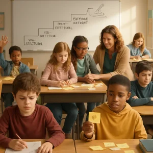 Photorealistic, high-resolution classroom scene where desks form a gentle ascending staircase of thought: in the foreground a confused student with irrelevant scribbles (pre-structural), then a child holding a single sticky-note fact (unistructural), a student with several disconnected notes (multistructural), a small group clustered around a connected concept map (relational) with a warm teacher kneeling beside them offering supportive eye contact and a reassuring hand on a shoulder (secure attachment), and at the top a student sketching a novel project that applies ideas in a new way (extended abstract). At the sides, one pupil waves for attention (seeking/ambivalent) while another sits withdrawn with crossed arms (rejecting). Soft daylight, shallow depth of field and warm cinematic tones highlight realistic expressions of curiosity, engagement, frustration and contemplation; background whiteboard displays a scaffolded sequence of tasks from simple to complex, and inclusive classroom details—books, posters and learning materials—enrich the scene.