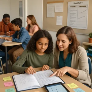 Photorealistic editorial shot of a diverse middle-school classroom where small groups of students work at tables as a teacher kneels to conference with a student over an open portfolio containing drawings, a bilingual written report and a tablet displaying a short diagnostic quiz; exit slips and colorful sticky-note peer feedback scatter the table, scaffolds like a checklist and exemplar sheets are nearby, and a classroom wall display features a dual-rubric poster clearly split into "Content" and "Language" alongside a growth-tracking line chart; warm natural light, shallow depth of field and candid, engaged expressions convey an atmosphere of fair, supportive, learning-focused assessment.