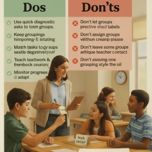 Photorealistic editorial infographic titled "Dos and don’ts — at a glance" featuring a clean magazine-style layout: a left soft-green panel lists concise "Dos" with readable bullets and icons (use quick diagnostic data, temporary & rotating groups, match tasks to cognitive level, teach teamwork/feedback, monitor & adapt); a right soft-red panel lists "Don'ts" with X icons (no fixed labels, no purposeless assignment, don't neglect some groups, avoid one-size-fits-all). The center is a warm, realistic classroom scene of diverse students in small rotating groups around tables, name/role cards visible, a teacher actively monitoring with a clipboard and giving feedback as a student hands an "exit ticket" sticky note. Bottom overlay shows a six-item checklist (one box checked) and a clear callout near the clock: "Try one small cycle this week — 20–30 minutes." High-resolution, sharp legible text, natural warm lighting, realistic skin tones, shallow depth of field, editorial infographic tone.