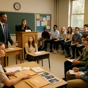 Wide-angle editorial photograph of a high school classroom transformed into a mock courtroom: a diverse group of teenagers in semi-formal attire enact roles—student prosecutor standing and presenting toward a student judge seated at a raised desk, a witness at a small stand, the defense team at a table, a semi-circle jury of classmates listening attentively, and a clerk organizing sealed envelopes, printed photos and evidence packets on a side table while outer-circle observers take notes. Authentic classroom details (desks, chairs, bulletin board, natural daylight through windows) and warm, soft lighting frame candid, focused expressions; realistic props such as role cards and a visible but unreadable verdict form add editorial clarity. Shallow depth of field, high resolution, composed for an educational article.