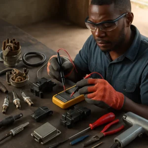 Editorial photoreal image of an African roadside workshop bench where a 30-something mechanic in safety glasses and insulated gloves uses a digital multimeter to test an ignition coil amid an arranged array of traditional distributor parts and modern coil-on-plug electronics; an inline spark tester, 12V test lamp, screwdrivers, pliers, soldering iron, heat-shrink and donor parts lie on a worn, oily bench bathed in warm natural light from an open door, with shallow depth of field and crisp high-resolution detail suitable for a technical article header.