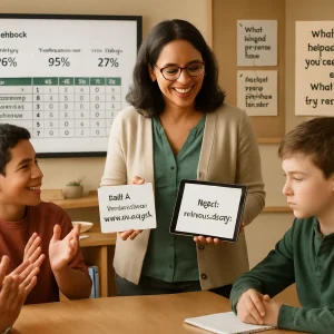 Warm photorealistic classroom candid: a smiling teacher stands between a small group being publicly praised and one student receiving gentle private feedback, holding a tablet that reads "Next: review strategy X" and a formative feedback card saying "Skill A: Partly - next: review strategy X." In the background a large screen shows an anonymized dashboard with three indicators (class average, confidence average, item difficulty) and a simple spreadsheet of 1s and 0s with a labeled top row; a bulletin board checklist reads "Pick 3 indicators; exit ticket; analyze weekly; give feedback that builds self-esteem," while a poster prompts metacognition: "What helped you learn this?" and "What will you try next?" Natural daylight, warm tones and shallow depth of field emphasize a balanced composition of group celebration and private support, conveying empathy, clarity and actionable next steps in a modern school setting.