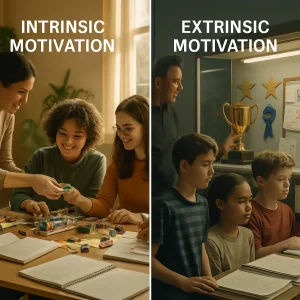 Photoreal cinematic split-scene contrasting intrinsic and extrinsic motivation: left, a warm sunlit corner where a diverse group of students smile and focus on hands-on projects—open notebooks, sketches, science kits and plants suggest curiosity, autonomy and meaningful challenge as a teacher privately offers a quiet handwritten praise; right, a cold fluorescent display of trophies, gold stars, ribbons, stacks of graded papers and a visible leaderboard where students stare at grades and prizes, anxious or performing mechanically, one student reaching for a shiny trophy but appearing less joyful while a teacher loudly promises rewards. Natural skin tones, high-detail textures, HDR lighting, 35mm lens look, warm earthy palette on the intrinsic side versus cool metallic tones on the extrinsic side—editorial, high-realism image suitable for an article illustration.