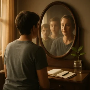 A photoreal portrait of a gender-neutral person in their mid-30s seated at a wooden dressing table, bathed in warm golden-hour light, gazing into an oval mirror where layered reflections subtly show a younger self and a slightly older future self to symbolize stages of growth. A small green sapling in a mason jar and an open journal with a pen sit on the table; realistic glass reflections, ultra-detailed skin and fabric textures, soft natural shadows and cinematic shallow depth of field create a calm, contemplative mood with negative space left for an article title.