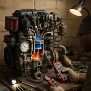 Photorealistic three‑quarter cutaway of a petrol four‑stroke engine on a worn workbench in a modest African workshop. One cylinder is shown near top‑dead‑centre with piston, intake valve and fuel injector spraying a fine mist, a small blue spark at the spark plug, visible camshaft and valvetrain, timing belt, connecting rod and crankshaft; surrounding components — air filter housing, throttle body, fuel pump and inline filter, ignition coil, exhaust manifold with O2 sensor and catalytic converter, plus hinted sensors and wiring — lend realistic detail. A mechanic in gloves and safety glasses uses low‑cost diagnostic tools (compression tester in a removed plug hole, multimeter, torch, screwdriver‑as‑stethoscope and spark plug socket set) while rags, replacement hoses, jubilee clips and a can of cleaner sit nearby; warm natural daylight, a focused work lamp, subtle oil grime and shallow depth of field emphasize the cutaway and spark, with negative space reserved for an article headline.