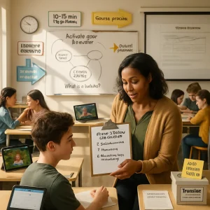 Wide, sunlit editorial photo of a modern classroom where a diverse teacher leans in with a clipboard checklist showing Clear learning goal, Success criteria and Advance organizer / concept map; the whiteboard displays a large concept map and a short diagnostic question under 'Activate prior knowledge', while a demo tablet plays an emotionally engaging hook video. Signage, bright arrows and a wall timer mark '10–15 min segments' and signaling; a projector shows a worked example as students work in pairs (guided practice), others work independently, a small group does a hands‑on task, one student writes in a notebook (individual reflection) and two whisper in discussion. A desk tablet shows a short quiz labeled 'retrieval', a calendar highlights spaced follow‑up dates, a sticky note reads 'How did I learn?' as a metacognitive prompt, the teacher gives immediate, specific feedback, a worksheet titled 'Transfer: real‑world task' sits on a desk and an exit‑ticket box labeled 'Main idea + One question I still have' is visible — warm natural light, realistic skin tones, shallow depth of field and high‑resolution composition, perfect for an educational article header.