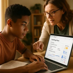 A warm, editorial portrait of a focused high-school student at a tidy study desk, confidently typing into a private "Learning Plan" Google Doc while a supportive mentor leans in and points to the screen. The scene highlights student agency and deliberate practice—an open paper journal logs practice times and strategies, a sticky note reads "Act on feedback," and the laptop displays clear headings plus three simple visuals (mastery-rate bar, time-on-task line, small error-pattern heatmap) and a modest feedback badge. Natural light, shallow depth of field, and realistic details convey a calm, intentional learning moment suited for an education feature about feedback-driven progress.