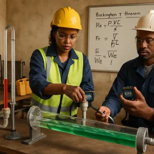 Photorealistic editorial image of a small African workshop where two technicians in PPE (one woman, one man) perform low-cost automotive fluid-mechanics model tests. In the foreground a clear acrylic pipe carries dyed coolant past a U-tube manometer while one technician times flow with a stopwatch and the other reads a digital pressure sensor and adjusts a garden-pump feed; the midground shows salvaged radiator cores, PVC piping, jerrycans and a simple flow bench with fan; the background features a whiteboard with neatly written scaling equations — Buckingham π theorem, Re = ρ V L / μ, Fr = V / √(g L), Euler/Weber symbols and labeled scale factor λ — all bathed in warm natural workshop light. High-resolution, sharp focus on instruments and hands with a slight shallow depth of field so the board text remains readable; a clean, educational composition that highlights resourceful engineering and hands-on experimentation.