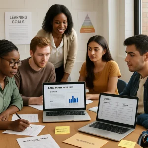 Editorial-style photograph of a diverse group of college students and an instructor gathered around a large wooden table in a bright, modern classroom, collaborating on an authentic case-study project. Laptop screens show a project brief and real-world data while printed sheets labeled 'Learning Goals' and a small Bloom's taxonomy poster sit nearby; open rubrics with two visible columns titled 'Feedback' and 'Grade', sticky notes reading 'revise/resubmit', short notes headed 'Metacognitive Reflection', and a discreet blind-marking envelope are arranged on the table. Accessibility cues (wheelchair icon, caption symbol) are subtly present, and the scene is bathed in natural daylight with shallow depth of field, crisp realistic textures and balanced composition, conveying a calm, supportive atmosphere ideal for a magazine piece on designing meaningful summative assessments.