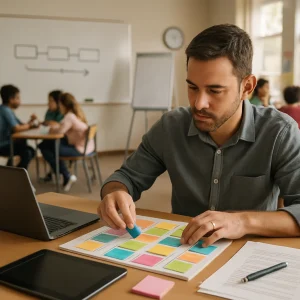 A candid, photorealistic moment: a teacher at a sunlit desk arranges color‑coded index cards and sticky notes into columns on a planner pad while a blurred tablet and an intentionally out‑of‑focus laptop sit nearby with printed sheets and a pen. Midground shows a whiteboard with a simple block timeline and arrows, a flipchart easel and projector; background reveals small student groups at stations practicing peer‑teaching with props and posters. Warm natural daylight, shallow depth of field, documentary-style realism.
