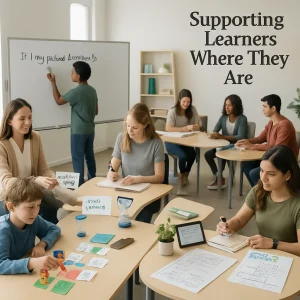 Photorealistic wide-angle view of a bright, modern learning lab where diverse students and a teacher work at distinct stations that map developmental stages and learning styles. Left foreground: elementary-age learners engage in tactile, role-play planning with a timeline, physical checklists, sticky-note organizers, a sand-timer and a teacher handing sentence-starter cue cards; center: adolescents at a whiteboard drafting a conditional planning chain (If I try method A -> then B...) and comparing strategies with a student-crafted evaluation rubric while one writes a private reflection; right foreground: Kolb-style stations show an activist testing a prototype with a stopwatch, a reflector journaling then joining a calm reflection circle, a theorist sketching a logical model with metacognitive notes, and a pragmatist trialing a plan and recording results beside a serialist procedural checklist and a holist concept map. Subtle scaffolds and extension prompts appear on tablets and templates, warm natural light and realistic skin tones bring the scene to life, crisp foreground focus with slight depth-of-field blur behind, and deliberate negative space in the upper-right reserved for an article title overlay.