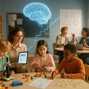 A cinematic wide-angle classroom split into two zones: left, younger learners (7–12) clustered around a low table with colorful manipulatives, microscopes and tactile charts, guided by a kneeling teacher; right, older students at a round table and whiteboard debating abstract models with laptops as one presents a hypothetical schematic. Center stage, a standing teacher with a tablet and a visible checklist titled "diagnose prior knowledge" observes both groups while a translucent 3D brain hologram with glowing neural pathways links them; a subtle staircase/stepping-stone graphic bridges concrete manipulatives to abstract equations, symbolizing scaffolded learning in warm, natural light and realistic classroom detail.