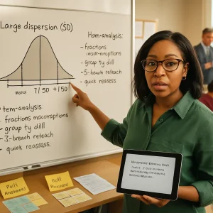 Photorealistic editorial photo of a modern classroom. In sharp focus a diverse teacher points to a whiteboard showing a clear histogram — a wide, flat bell curve labeled "Large dispersion (SD)" with mean and ±1 SD lines marked — and handwritten item-analysis notes: "fractions misconceptions," "group by skill," "3-lesson reteach," "quick reassess." The teacher holds a tablet displaying a short scripted message to leaders beginning "Assessment shows a large spread… schedule two intervention blocks…" In the midground three small student groups work with a TA or peer tutor around tables with sticky-note clusters labeled "Skill: Fractions" and "Skill: Place value," quick-check reassessment papers and printed feedback cards with stems like "You did X well. Next, try Y…" A school leader stands in the background checking a calendar on a tablet. Warm natural daylight, shallow depth of field, candid documentary composition, high-resolution, realistic skin tones and diverse students and staff, tidy classroom, legible small text — composed for a magazine or article header about using assessment data to target instruction and interventions.
