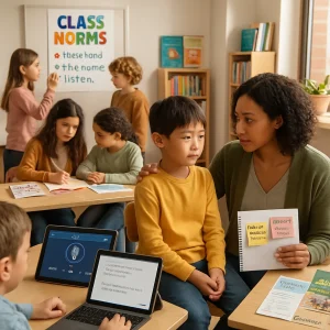 Photorealistic editorial scene of a diverse elementary classroom where a compassionate teacher kneels for a restorative one-on-one conversation while other children negotiate norms beneath a colorful poster reading Class Norms: raise hand • take turns • listen. Small groups consult class-created bilingual glossaries and picture dictionaries; one student uses a tablet with a voice-recording app and speech-to-text/translation, another laptop displays a short translated family message, a tablet plays a captioned educational video, and a shelf holds multilingual books and OER printouts. The teacher's notebook and sticky notes prompt reflection — What did I assume today? Who didn’t I hear from? — and brochures on the desk advertise local language classes and cultural-competency workshops, all bathed in warm natural light to convey a calm, inclusive atmosphere and practical strategies for addressing cultural misunderstandings and behavior differences among children ages 7–12.