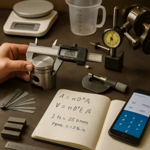 Close-up editorial of a technician's hands using a zeroed vernier caliper on a piston, with a micrometer on a shaft, a dial indicator on a mounted crank, feeler gauges fanned out and gauge blocks, a steel metric rule and worn-but-maintained tools on the bench. An open notebook displays neat algebraic formulas and a unit-conversion cheat sheet while a smartphone conversion app, small kitchen scale and measuring jug suggest low-cost alternatives; warm natural light, shallow depth of field and high-detail metal textures create a clean, article-ready composition illustrating arithmetic, algebra and measurement fundamentals.