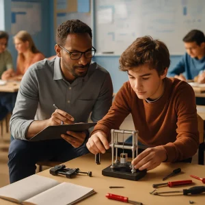 A photorealistic editorial scene of a modern high-school STEM classroom: a diverse teacher kneels beside a small group, demonstrating a corrective step on a compact mechanical test rig while a student mirrors the motion; the teacher holds a tablet and jots quick observations. Nearby a pulled-aside pair receives a focused reteach as other groups continue independent work with notebooks, clamps, screwdrivers and a small load-bearing frame. Warm natural light, shallow depth of field and cinematic composition give the high-resolution image an intimate, constructive atmosphere ideal for an article header.
