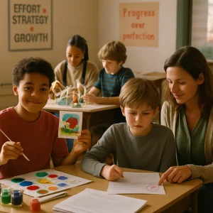 Photorealistic documentary of a middle-school classroom bathed in warm natural light. A confident student holds up a bright finished painting at the art table while, nearby, an anxious student studies a lower-scored math paper as a calm teacher kneels beside them, pointing to encouraging written feedback. A pair collaborate on a hands-on technical model and another student reads aloud. Classroom posters read "Effort + Strategy = Growth" and "Progress over perfection." Cinematic 50mm composition, shallow depth of field, realistic skin tones and subtle film grain capture the honest mix of confidence and uncertainty in a safe, supportive learning space.