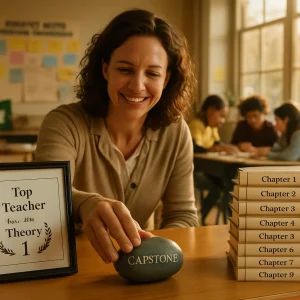 A warm, cinematic portrait of a smiling teacher in a sunlit classroom placing a small polished stone engraved 'CAPSTONE' on a desk beside a framed certificate reading 'Top Teacher Theory 1' and a neat stack of nine books labeled 'Chapter 1' through 'Chapter 9'. In soft focus behind them, diverse students collaborate on a hands-on lesson amid posters highlighting evidence-based teaching strategies and sticky-note lesson plans; golden afternoon light, realistic textures and film-like contrast emphasize this tender, achievement-filled moment.