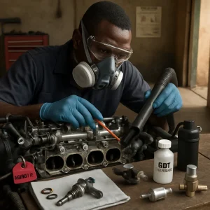 Documentary-style photoreal image of a mechanic in a modest African workshop servicing a modern GDI engine: medium close-up of a technician in safety goggles, respirator and gloves, battery negative cable disconnected with a red tag, fuel rail and high-pressure pump exposed, one high-pressure injector removed and laid on a clean cloth with replacement O-rings beside it. The intake plenum is removed to reveal intake valves darkened with carbon as the technician gently scrapes a valve with a plastic pick and vacuums debris with a hand vacuum. Nearby on a worn workbench sit low-cost preventive items — an inline fuel filter, a simple catch can fitted to PCV plumbing, a bottle labeled "GDI detergent", and a basic fuel-rail cleaning adapter kit; background shows concrete floor, simple tool chest, a safety poster on the wall and warm natural light from an open door, with shallow depth of field and sharp focus on hands and components conveying careful, hands-on maintenance.