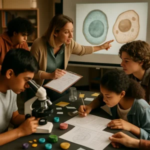 Warm, photorealistic moment in a 9th‑grade biology lab: a diverse group of 14–15 year‑olds cluster around microscopes and a lab table as one student peers into a scope in the foreground and another sketches plant and animal cells, comparing a hand‑drawn table with a partner. Small colorful 3D organelle models and prepared slides sit amid sticky notes and exit‑ticket papers while a teacher leans in, pointing to a projected microscope image of plant vs. animal cells and circulating with a checklist. Shallow depth of field and natural light give a candid, documentary feel that highlights collaboration and investigation; no visible text or labels.