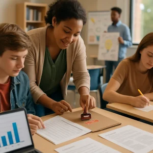 Warm photorealistic classroom header: a diverse teacher gently leans over a student’s desk, marking a clear multi-column rubric and pressing a small “Certified” stamp onto a finished portfolio; a nearby student quietly writes a metacognitive notecard while another presents a prototype poster in the background. In the foreground a laptop shows a simple bar chart (class mean and standard deviation) beside a printed checklist and exemplar work; soft bokeh, natural window light, and empathetic expressions underscore assessment as intentional, supportive, and student-centered.
