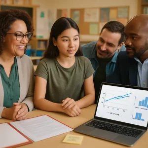 Warm, photorealistic editorial photo of a friendly teacher guiding a student‑led conference as a supportive parent leans in and a school leader listens across the table; on the table an open student portfolio and a tablet/laptop displaying clear, simple charts — a growth chart plotting the student’s trajectory against a class‑average line, a small histogram labeled mean=72% and SD=18%, and a compact box plot — plus a printed one‑page parent blurb titled 'Next steps' and a sticky note with a short action item; candid, diverse faces, shallow depth of field focused on faces and the charts, high resolution and clean composition suitable for an article header.