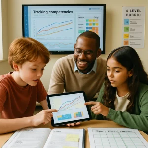 Warm, photoreal classroom scene of a diverse teacher kneeling with two students pointing to a tablet showing a colorful progress line chart and a small heatmap. On the table an open printed portfolio with dated student work samples and sticky notes sits beside a visible spreadsheet header row reading Baseline, Checkpoint, Growth, Next action; a simple 4-level rubric poster hangs on the wall. In the background a wall monitor displays a standards-based LMS dashboard with multiple student trajectory lines, mastery percentages, and a class heatmap. Natural window light, candid documentary style, inclusive friendly collaborative mood, shallow depth of field with clear readable charts and warm color grading.