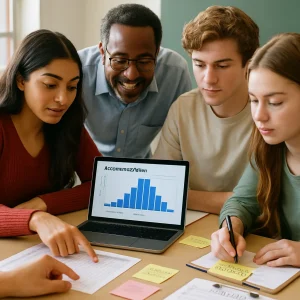 An editorial-style photoreal image of a diverse teacher and high-school/college students gathered around a bright table, collaboratively examining assessment data — a laptop displays a histogram with mean and SD, printed spreadsheets show scores and confidence columns, and sticky notes and an exit-ticket reading "What helped? One step" capture quick reflections. One student writes a quick reflection while another points at a chart as the teacher leans in to guide the conversation; pens, clipboards and notes are scattered in warm natural light, candid supportive expressions and shallow depth of field give a crisp, human-centered feel suitable for an article on data-driven instruction.