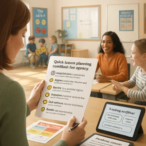 Warm photorealistic editorial of a modern classroom focused on a teacher at a desk reviewing a printed checklist titled "Quick lesson-planning checklist for agency" with highlighted items. Nearby: a mood-check board with students holding emoji cards (diagnostic: prior knowledge & emotional readiness); student handwriting on sticky notes and a shared learning goal on the whiteboard (voice: co-created goal); a colorful 2–3 option choice menu on the table (choice); a tablet showing a 2-minute exit-ticket prompt and feedback phrases (support); the teacher genuinely praising a student while a peer offers a handshake and certificates/verbal recognition are visible (motivation); and the teacher leaning in for one-to-one micro-scaffolding (equity). Background shows a small weekly class meeting circle and a poster advertising monthly student-led mini-conferences, all bathed in warm natural light, with diverse students and candid expressions, shallow depth of field and crisp detail suitable for an article illustration.