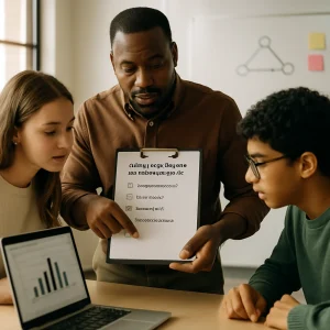 Photorealistic editorial image of a modern classroom showing a teacher holding a clipboard titled Quick checklist before you teach a sequence with clearly readable checkboxes (Observable competence? Prior knowledge? Scaffolded tasks? Formative checkpoints?). The teacher points to the list as two diverse students lean in collaboratively; a whiteboard in the background displays a simple progression map and sticky notes, and an open laptop on the desk shows a basic diagnostic chart. Warm window light, shallow depth of field and cinematic composition give a high-resolution, contemporary look ideal for an article header about intentional instruction and formative assessment.