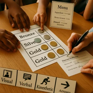 Photorealistic classroom overhead at a 45° angle in warm natural daylight: a wooden table centers a printed 3×3 choice board clearly labeled top row Bronze, middle Silver, bottom Gold with crisp type and realistic paper texture. Diverse students' hands place bronze, silver and gold tokens to complete three-in-a-row while a small Menu card stands upright listing Appetizer — warm-up, Main Course — tiered tasks, Dessert — creative extension. A visible learning contract shows handwritten entries for Tier selected, Evidence and student signature as a teacher's hand adds a signature. Three station signs along the table edge display clear icons and labels Visual, Verbal, Kinesthetic with arrows indicating rotation. Mixed-ability students gather around; soft shallow depth of field, lifelike colors and textures, and a candid collaborative learning atmosphere.