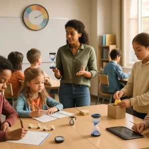 Photorealistic snapshot of a modern classroom mid-lesson, organized into distinct activity zones: a teacher at the whiteboard holding a 10‑minute sand timer for a focused mini-lesson, a pair of students doing scaffolded guided practice with manipulatives, a small group tackling a challenging project with a tablet, a lone student dropping a quick reflection sticky into a box, and classmates moving through mini-transitions. Multiple sand timers and stopwatches on desks and a large analog wall clock with subtle colored segments signal timed chunks; warm natural daylight, shallow depth of field, candid expressions and cinematic lighting create a calm, purposeful atmosphere suitable for an article illustration.