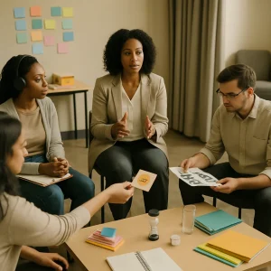 A warm, documentary-style debrief: a diverse group seated in a circle as a facilitator guides a reflective, inclusive discussion. Hands exchange mood cards while pastel post-its cluster on walls and table; a sand timer, six-sided feedback die and an ascending stack of colored index cards mark the rhythm of the work. An observer with headphones takes notes and an evidence manager sorts photos and sheets, while a quiet privacy corner with an armchair and drawn curtain offers private check-ins — neutral, professional palette and soft natural light underscore safety and collaborative reflection.