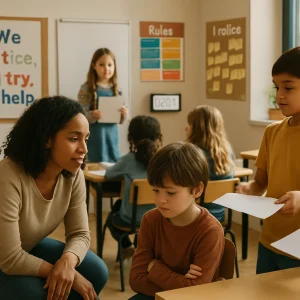 A warm, photorealistic classroom moment: a diverse teacher kneels, speaking gently but firmly one-on-one with a withdrawn student while a confident peer leads a small group and another calm student passes out papers as part of a planned task. Sunlit, candid documentary style with shallow depth of field highlights thoughtful details — a poster reading "We notice, we try, we help," a roles/rotating responsibilities chart, a small digital timer/visual routine on the board, a low-intensity hand-signal icon, and sticky notes on an "I notice" wall — conveying inclusive, empathetic positive-behavior practice.