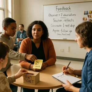 A photorealistic documentary moment in a modern classroom: a diverse teacher listens at a round table as a student drops an anonymous exit ticket into a labeled box and another passes a sticky note reading "Where did I lose you?". Nearby a peer observer jots under the visible heading "2 observations" while a whiteboard lays out the clear feedback protocol: "Observer: 2 observations → Teacher reflects → Co-create 1 next step → Agree follow‑up (date/measure)". In the warm, shallow-depth-of-field background a small staff circle holds a morning huddle where a leader models reflection, colleagues remove obstacles and pin celebration photos—candid, collaborative, psychologically safe, and focused on servant/distributed leadership and continuous improvement.