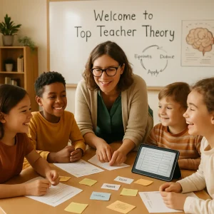 Warm photorealistic editorial of a modern Scandinavian classroom: a confident, friendly teacher leans over a round table with four diverse, smiling students collaborating over printed lesson plans, sticky notes, a tablet with a lesson-planning template, formative feedback cards and student work. Behind them a whiteboard reads Welcome to Top Teacher Theory with simple diagrams hinting at Kolb’s experiential cycle and a stylized brain research poster; cozy wooden furniture, plants, open gestures and supportive eye contact convey a safe, student-centered atmosphere in soft natural light and warm tones.