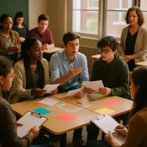 Photorealistic editorial scene of a diverse secondary classroom mid-simulation: desks rearranged into inner and outer circles, a small inner group performing a mock trial with one student speaking passionately while teammates consult evidence slips and role cards (no legible text), outer students observing and taking notes on clipboards, colored mood cards and simple props on tables, masking tape marking role zones, a teacher calmly facilitating from the side, candid expressions of empathy, concentration and debate, warm natural window light and shallow depth of field highlighting high-detail, human moments.