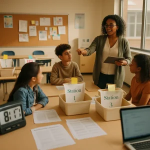 Warm, photorealistic wide-angle view of a modern classroom set up for station-based learning: four activity stations with bins and colored tabs surround a teacher who points and holds a tablet while explaining to a small, diverse group. A digital timer and laptop rest on a table, assessment rubrics and templates lie neatly, and the teacher photographs student work pinned to a shared wall. Documentary-style composition, shallow depth of field and soft natural light emphasize the calm, purposeful energy of collaborative learning.