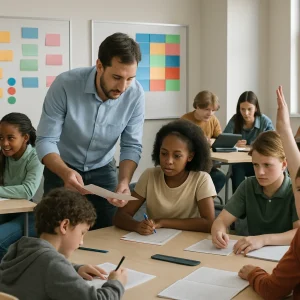 Photoreal, wide-angle documentary of a bustling modern classroom mid-lesson: a teacher leans over a small group reviewing short quizzes while scanning students doing a quick formative check; clusters of colorful sticky notes and magnets display misconceptions and rubric bands (no words), a flexible schedule board shows stacked colored time blocks with one block visually distinct, and an unlabeled exit-ticket box sits on a table. Several small groups work differently—one circle receives focused reteach, another confident group tackles extension tasks on tablets, a student helper assists peers—visible cues of engagement and concern (raised hands, furrowed brows), natural light and sharp realistic textures convey candid classroom momentum.