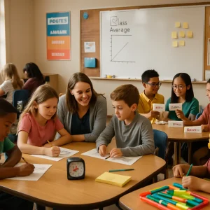 Eye-level, photorealistic classroom scene showing flexible grouping in practice: a teacher kneels at a small table with a four-student remediation group while a mixed-ability group of five collaborates at a round table using role cards (Timekeeper, Recorder, Presenter), a pair works at a computer station, and an interest-based trio builds a colorful project. Warm natural light, posters labeled Practice / Deepen / Create, a whiteboard chart of class average and dispersion, timers on desks, an exit-ticket stack and a sticky-note grouping board frame a candid, neutral, non-stigmatizing scene of diverse students smiling and engaged—ideal for an educational article header.