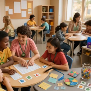 A sunlit, photorealistic classroom captured in the middle of purposeful movement: diverse students of different ages, genders, ethnicities and one using a mobility aid work at round tables in small mixed-ability groups. A smiling peer coach leans in, pointing to a blurred worksheet as classmates follow along; at a nearby mini-station a homogeneous group gathers with the teacher for focused reteaching while others rotate between stations. Visible supports and differentiation fill the scene — laminated role tokens and colored lanyards with simple icons, tiered task trays and folders marked only by icons for core/scaffold/extension, guided templates and blurred worksheets, sentence-stem sticky notes and cue cards, and an extension group sketching optimization ideas on a tablet. A side table holds playful group-selection props — a jar of colored tokens, postcards cut into pieces, and a small icon spinner — suggesting fun, equitable ways to choose collaborators. Warm natural light and lively, varied body language convey an energetic yet focused atmosphere of peer tutoring, collaboration, and targeted teacher support.