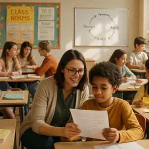 A warm, photoreal classroom scene bathed in natural daylight: in the foreground a teacher kneels beside a seated student, smiling as they review annotated work—an intimate moment of gentle formative feedback. Midground groups collaborate on a jigsaw reading, conduct a paired friendship interview, and complete a hands-on lab while exchanging Two Stars and a Wish sticky notes. In the background a colorful Class Norms board with student handwriting, a visible Help Chain chart, a whiteboard showing a simple Kolb reflection cycle, and a tablet with low-stakes quiz results reinforce a culture of reflection and help. Wide-angle composition, shallow depth of field, candid poses, varied ethnicities and abilities, and soft bokeh create a welcoming, inclusive learning community focused on cooperation and growth.