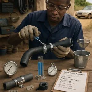 Photorealistic close-up in a small African roadside workshop: a gloved mechanic with eye protection inspects a coolant hose repair—one hand holding a cut hose fitted with an inner-tube sleeve and two stainless worm-gear clamps, the other tightening a clamp with a screwdriver. Nearby a short metal oil line patched with epoxy labeled "TEMP" sits beside a wooden bench crowded with a pressure gauge, U-tube manometer, bucket collecting timed flow, stopwatch and a clipboard with simple Darcy–Weisbach notes and a safety checklist. Natural daylight, high-detail rubber and metal textures and shallow depth of field focus attention on hands, tools and measurement instruments, conveying practical, low-cost field repair and measurement techniques.